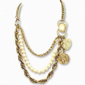 DESIGNER Necklace 80’s Gold Tone Three Tier Coin and Pearl